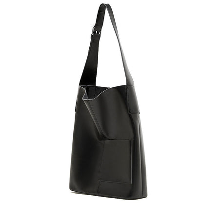 Retro Genuine Cowhide Bucket Bag Women Large Capacity Tote Handbag Shoulder Bag