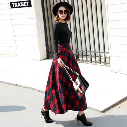 Vintage High-Waisted Plaid Wool Midi Skirt (Autumn/Winter)