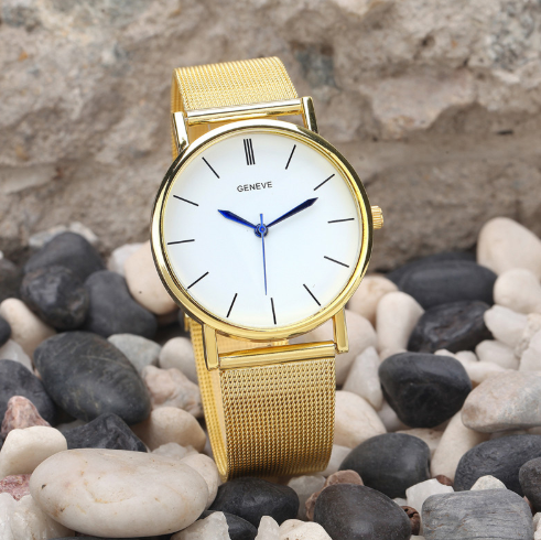Geneva Watch with Gold Mesh Band and Double Row Diamonds