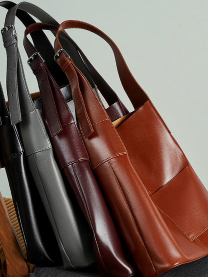 Retro Genuine Cowhide Bucket Bag Women Large Capacity Tote Handbag Shoulder Bag