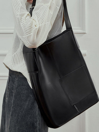 Retro Genuine Cowhide Bucket Bag Women Large Capacity Tote Handbag Shoulder Bag