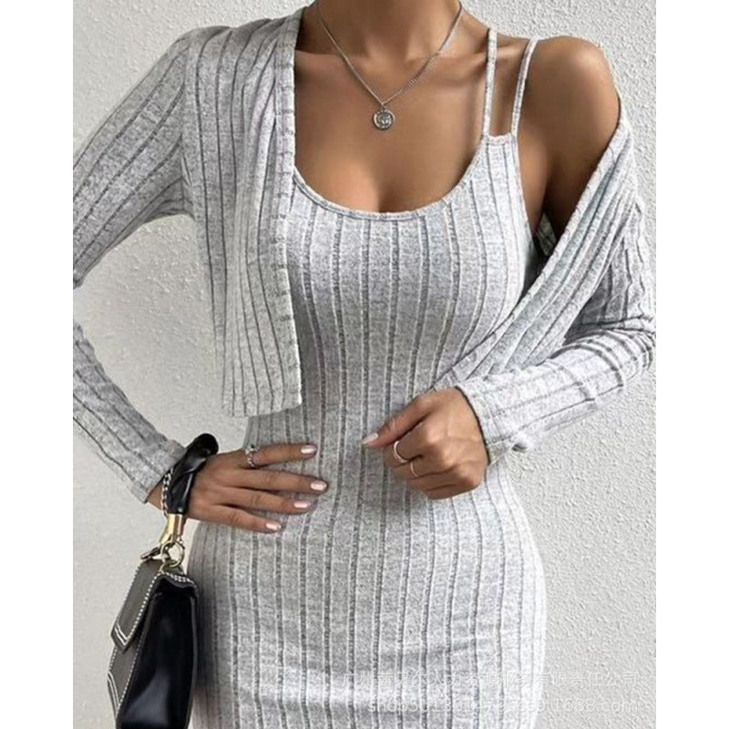 2023 Women's Long Sleeve Cardigan & Bodycon Dress Set
