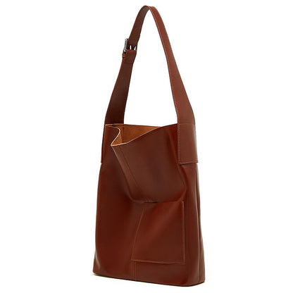 Retro Genuine Cowhide Bucket Bag Women Large Capacity Tote Handbag Shoulder Bag