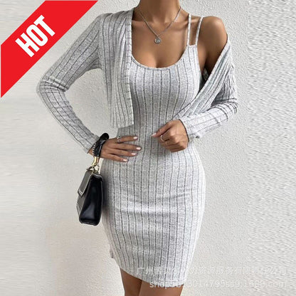 2023 Women's Long Sleeve Cardigan & Bodycon Dress Set