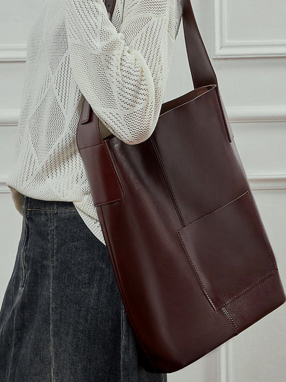 Retro Genuine Cowhide Bucket Bag Women Large Capacity Tote Handbag Shoulder Bag