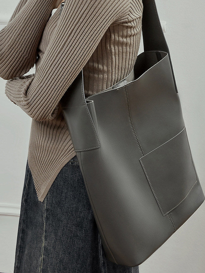 Retro Genuine Cowhide Bucket Bag Women Large Capacity Tote Handbag Shoulder Bag