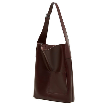 Retro Genuine Cowhide Bucket Bag Women Large Capacity Tote Handbag Shoulder Bag